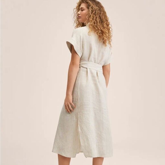 Mango 100% Linen Striped Belted Shirt Dress New - Picture 6 of 11